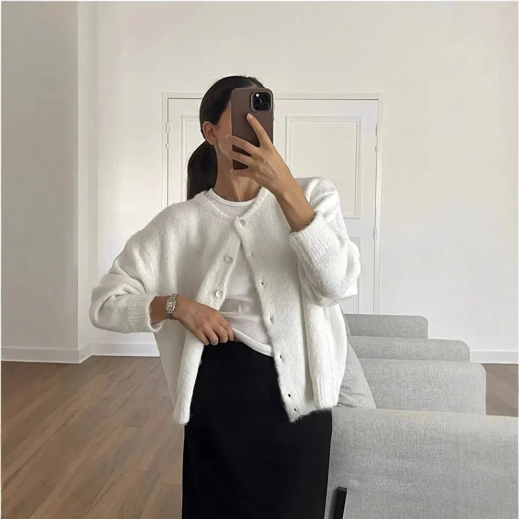 Damen Rundhals-Cardigan mit langen Ärmeln und Knöpfen