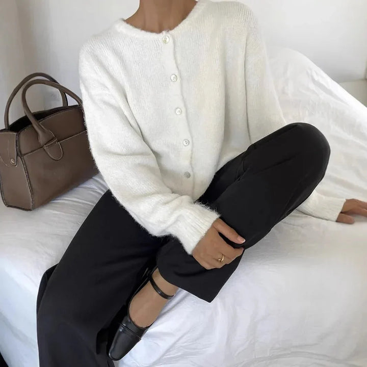 Damen Rundhals-Cardigan mit langen Ärmeln und Knöpfen