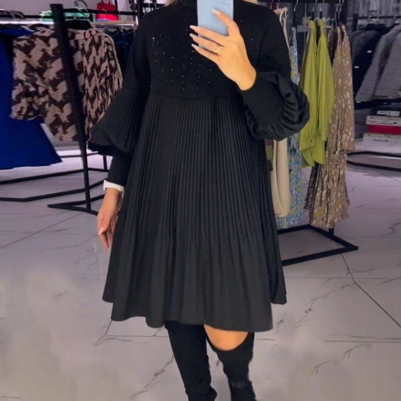 Marlene | Plus-Size Kleid mit Stehkragen und Laternenärmeln