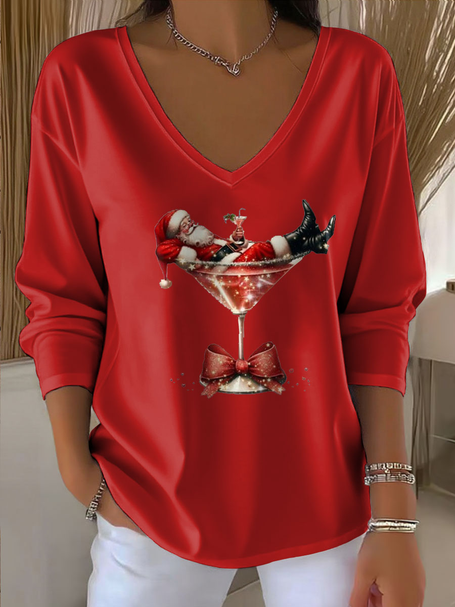 Damen Santa Claus Bedrucktes V-Ausschnitt T-Shirt