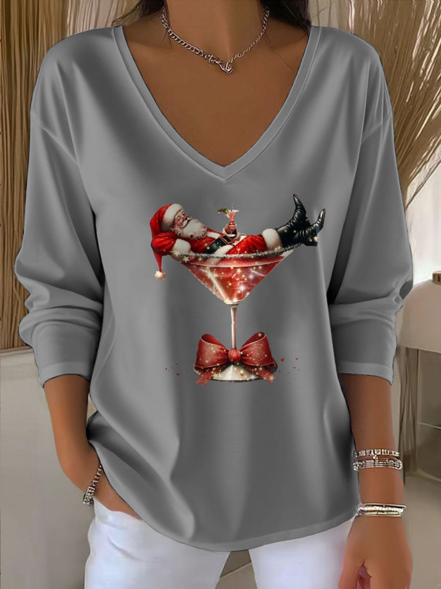 Damen Santa Claus Bedrucktes V-Ausschnitt T-Shirt