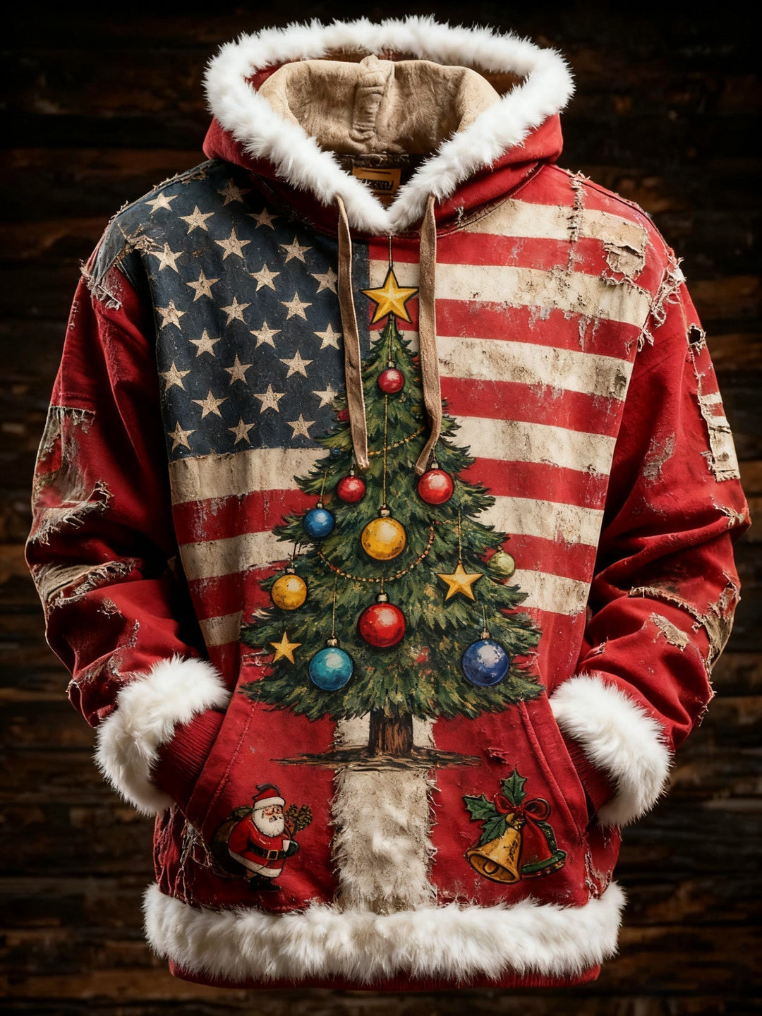 Herren Retro Amerikanische Flagge Weihnachtsbaum Bedruckter Hoodie