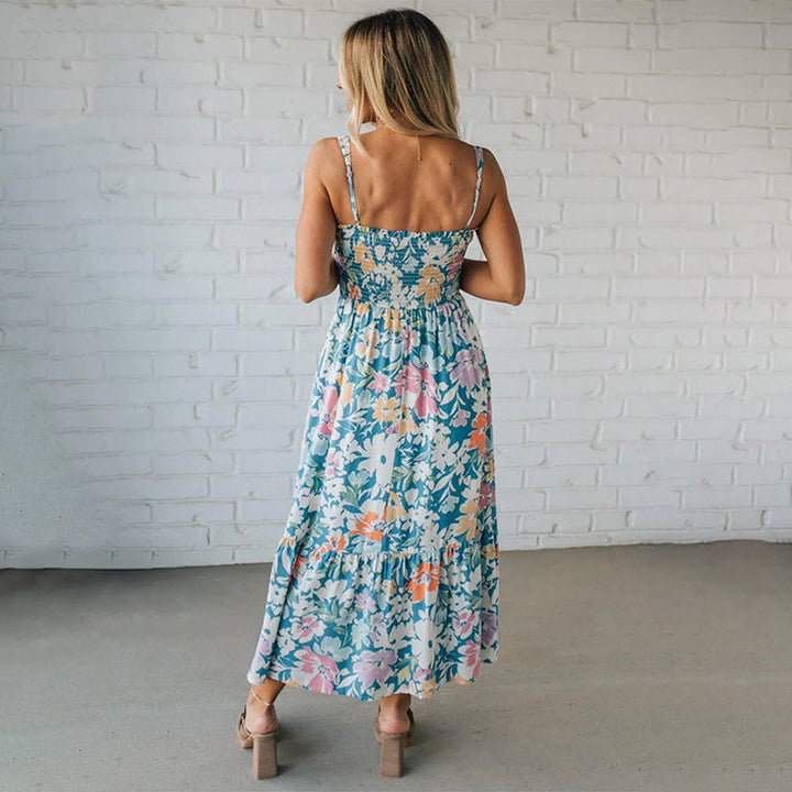 Blumenkleid Maxi mit gerafftem Oberteil und verstellbaren Trägern