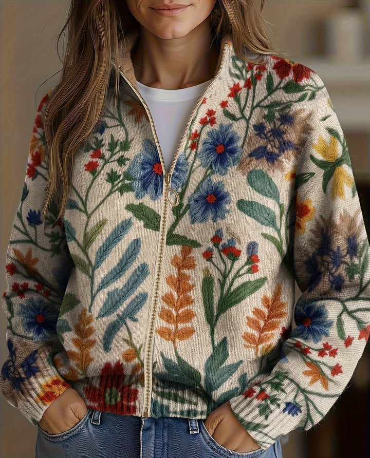 Tabitha | Damen Strickjacke mit Blumenmuster und Reißverschluss