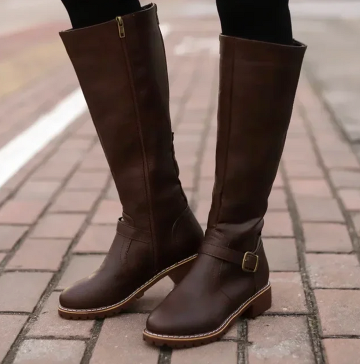Damen Stiefel mit Schnalle und Blockabsatz