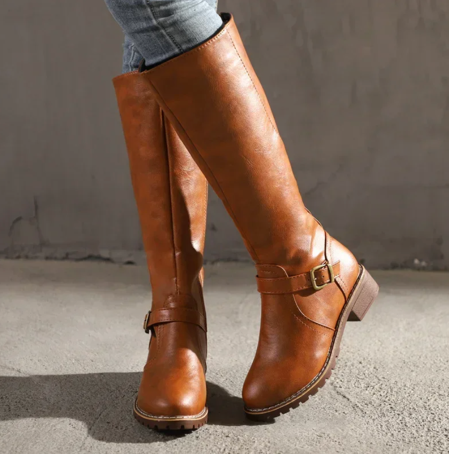 Damen Stiefel mit Schnalle und Blockabsatz