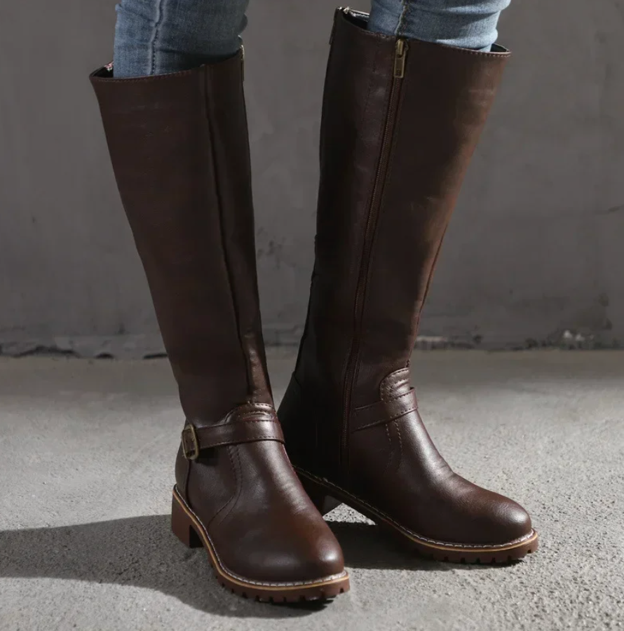 Damen Stiefel mit Schnalle und Blockabsatz