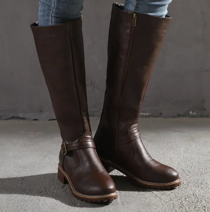 Damen Stiefel mit Schnalle und Blockabsatz