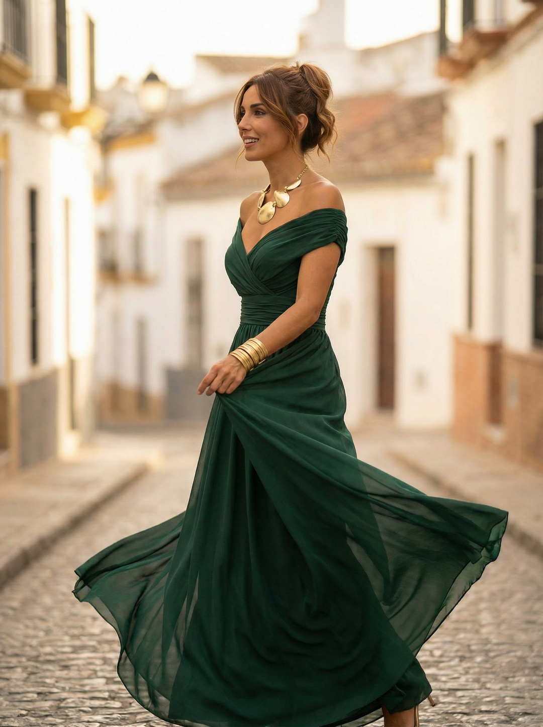 Leo | Damen Off-Shoulder Maxi-Kleid mit V-Ausschnitt