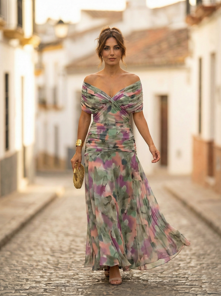 Leo | Damen Off-Shoulder Maxi-Kleid mit V-Ausschnitt