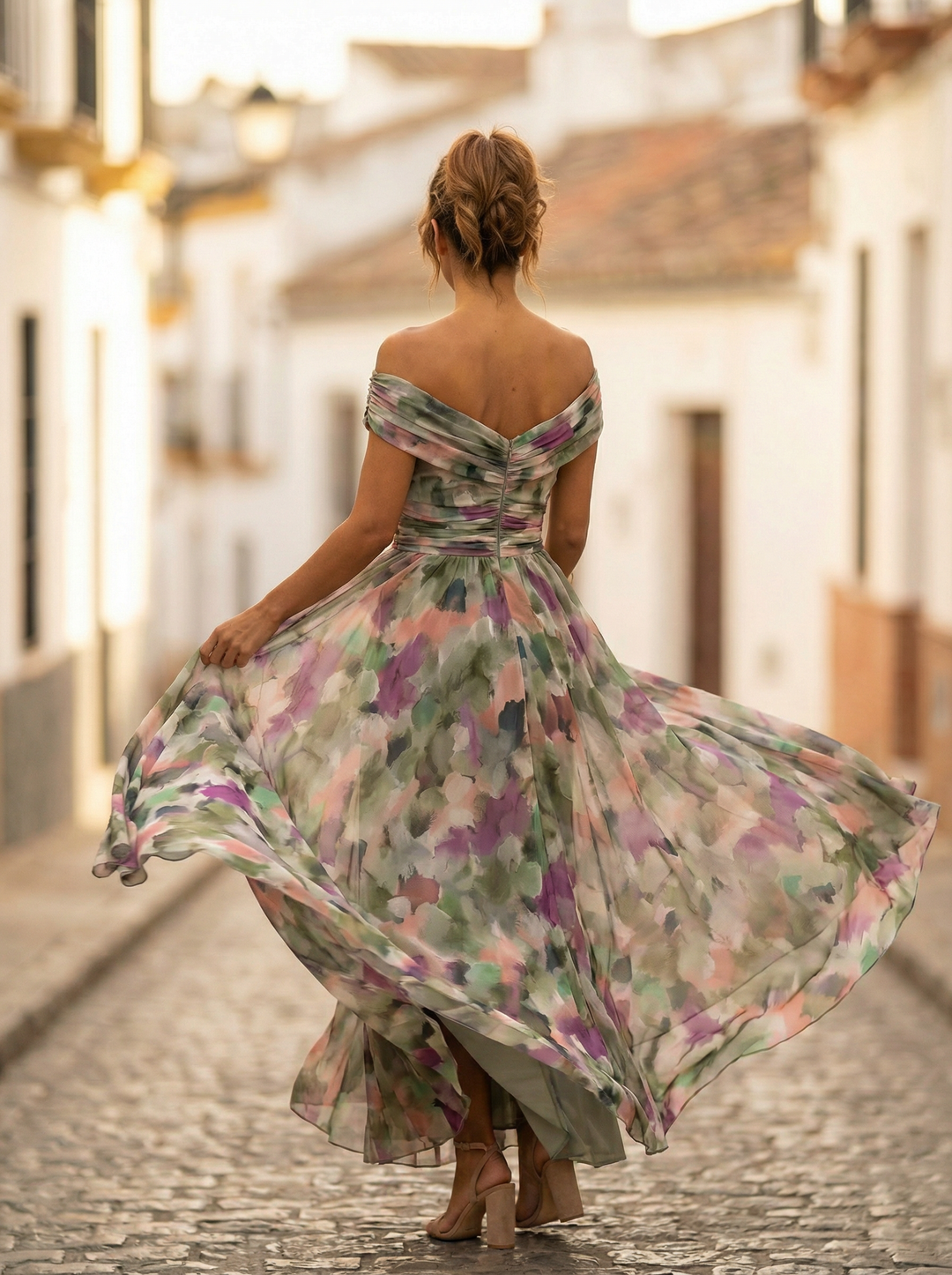 Leo | Damen Off-Shoulder Maxi-Kleid mit V-Ausschnitt