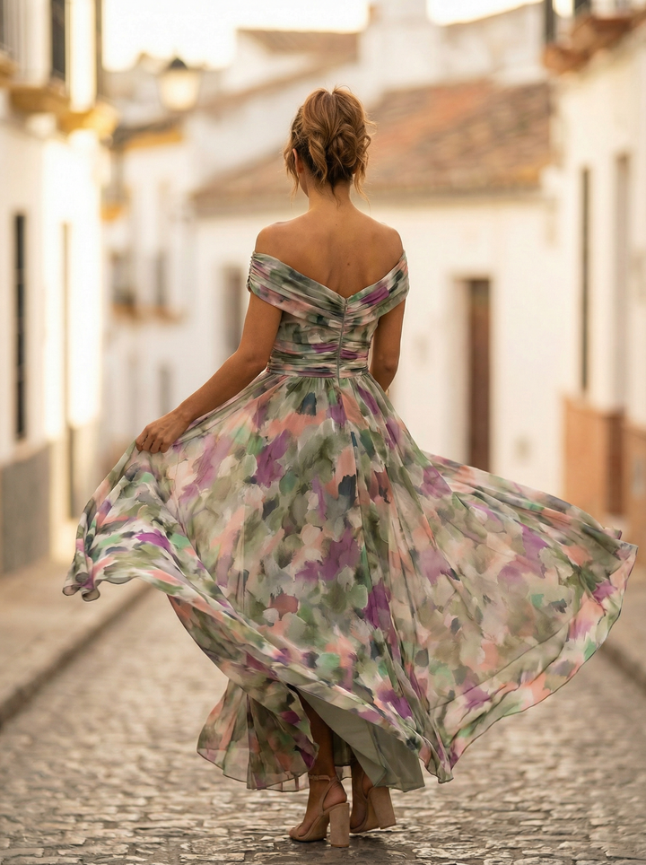 Leo | Damen Off-Shoulder Maxi-Kleid mit V-Ausschnitt