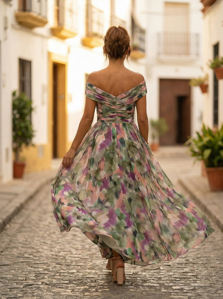 Leo | Damen Off-Shoulder Maxi-Kleid mit V-Ausschnitt