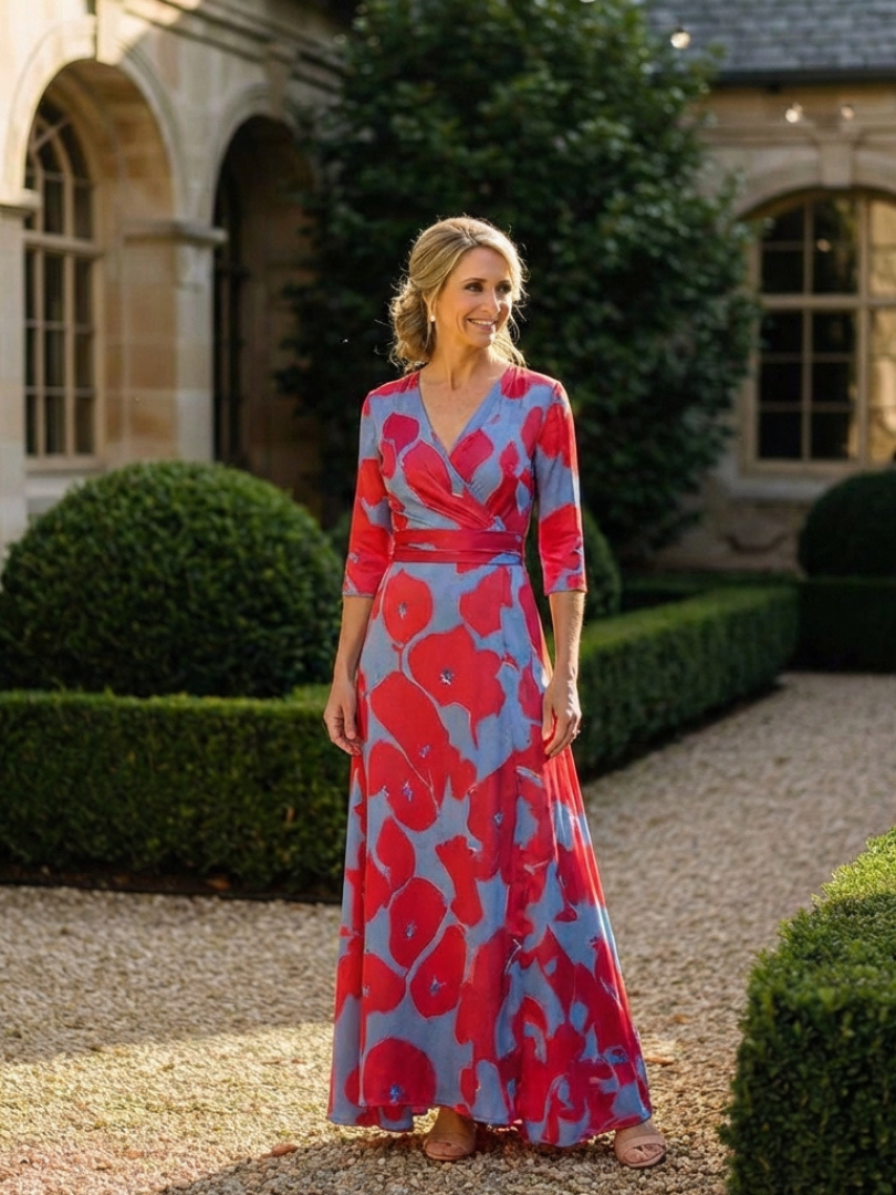 Danielle | Dreiviertelarm V-Ausschnitt Blumen Maxi Kleid