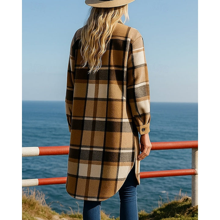 Damen Longline-Mantel mit Karomuster, Knöpfen und Taschen