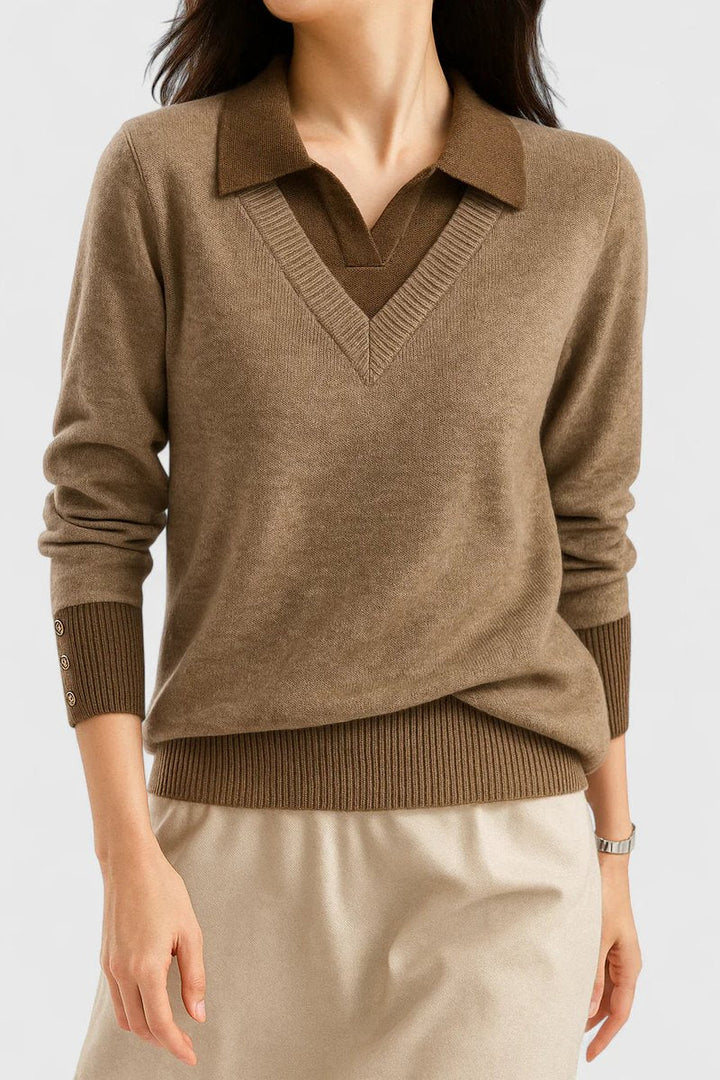Camila | Damen V-Ausschnitt Polo-Kragen Pullover mit Knopfärmeln
