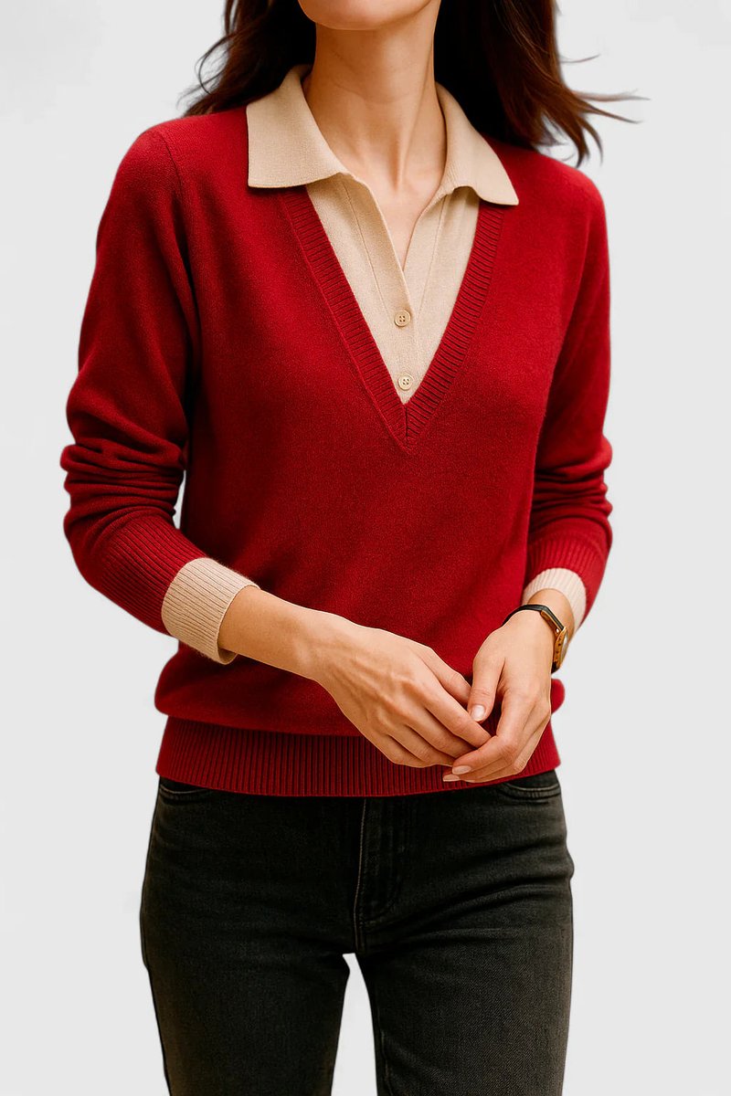 Camila | Damen V-Ausschnitt Polo-Kragen Pullover mit Knopfärmeln