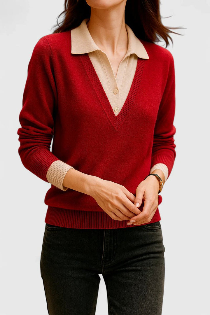 Camila | Damen V-Ausschnitt Polo-Kragen Pullover mit Knopfärmeln