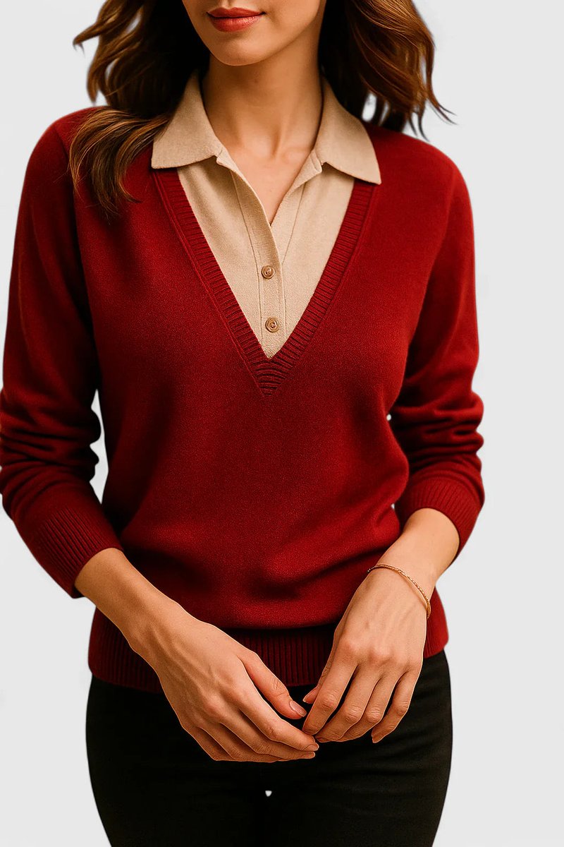 Camila | Damen V-Ausschnitt Polo-Kragen Pullover mit Knopfärmeln