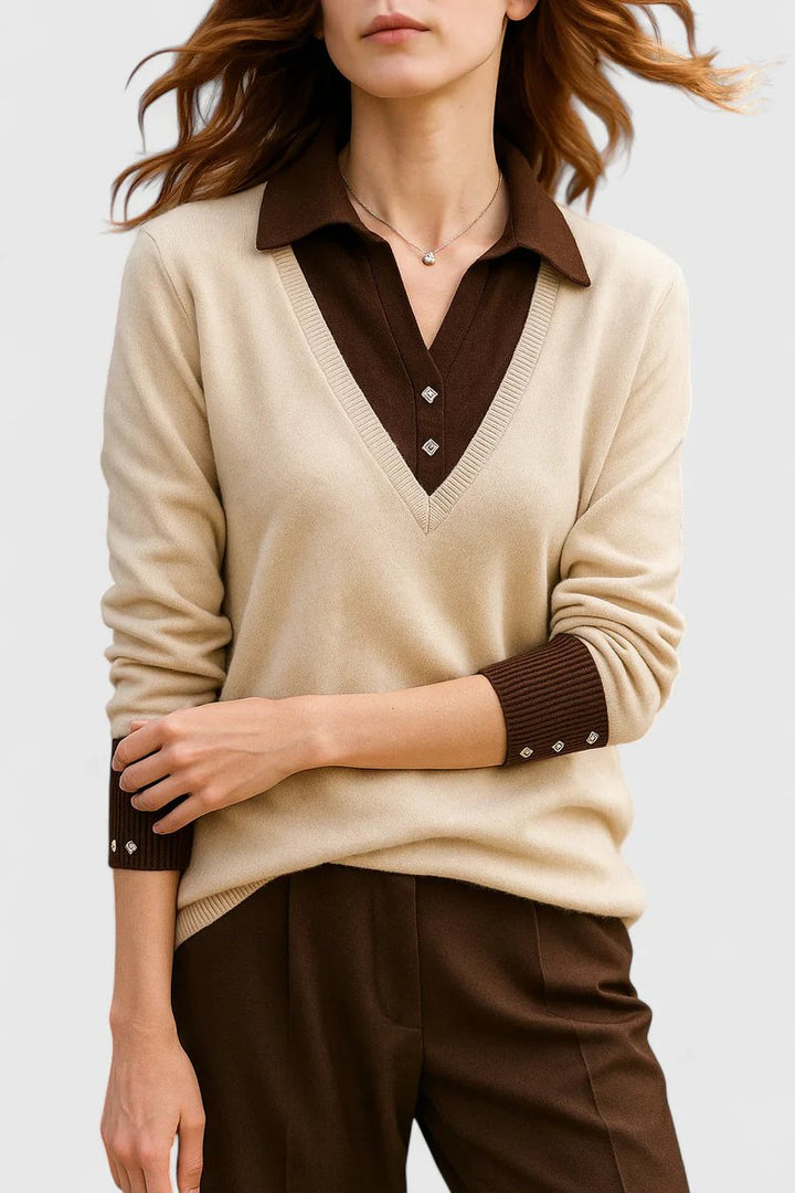 Camila | Damen V-Ausschnitt Polo-Kragen Pullover mit Knopfärmeln