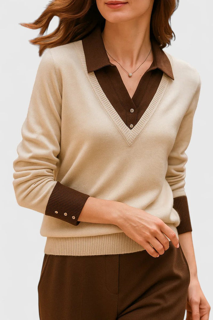 Camila | Damen V-Ausschnitt Polo-Kragen Pullover mit Knopfärmeln