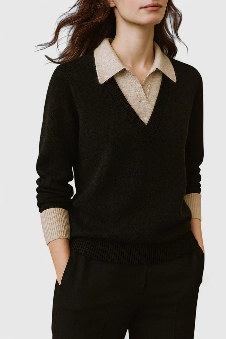 Camila | Damen V-Ausschnitt Polo-Kragen Pullover mit Knopfärmeln