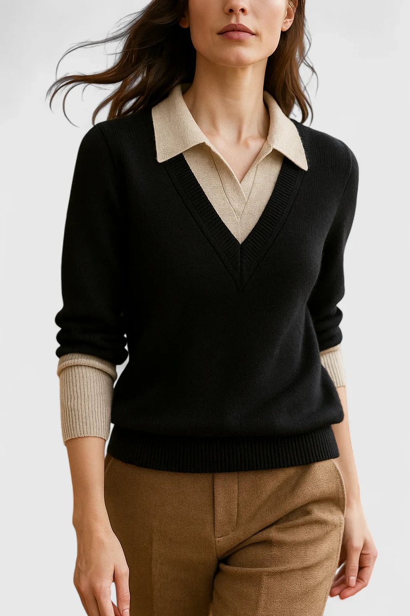 Camila | Damen V-Ausschnitt Polo-Kragen Pullover mit Knopfärmeln