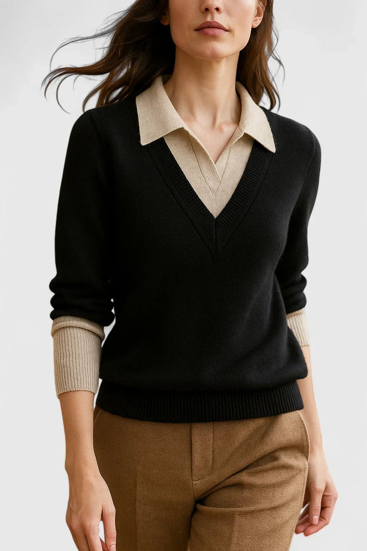Camila | Damen V-Ausschnitt Polo-Kragen Pullover mit Knopfärmeln
