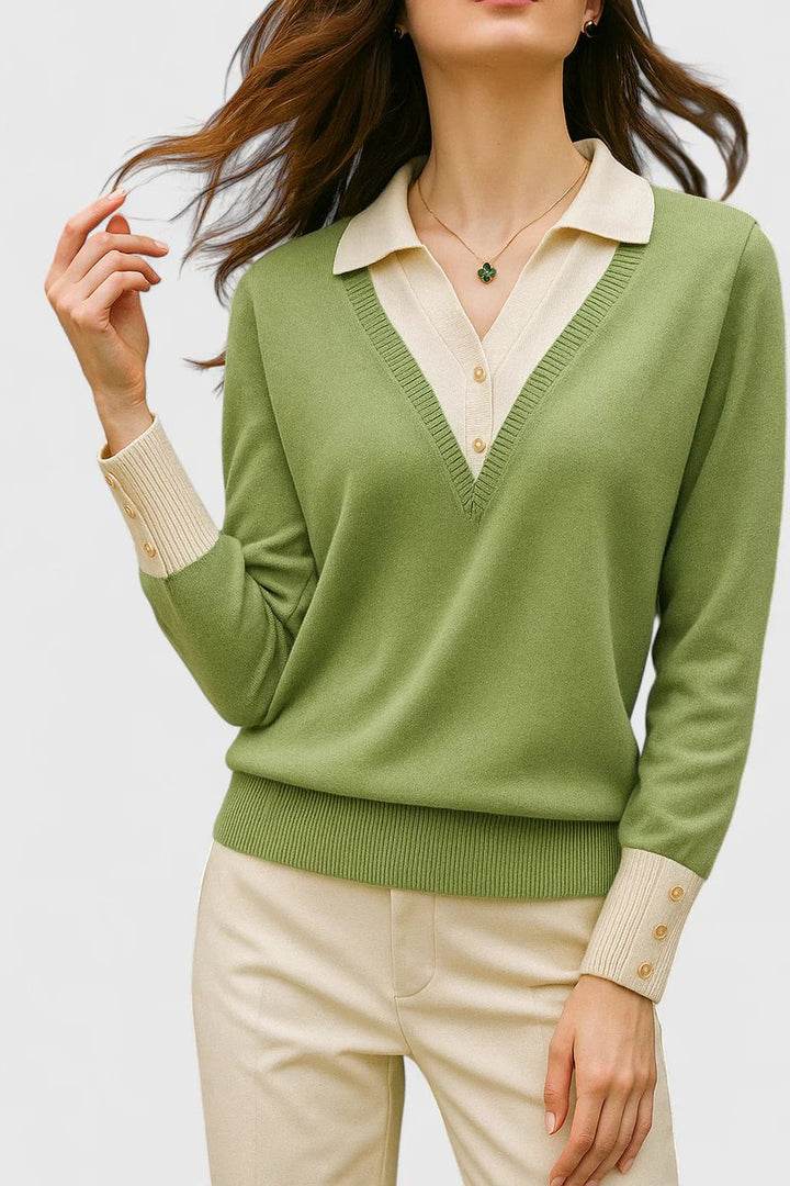 Camila | Damen V-Ausschnitt Polo-Kragen Pullover mit Knopfärmeln