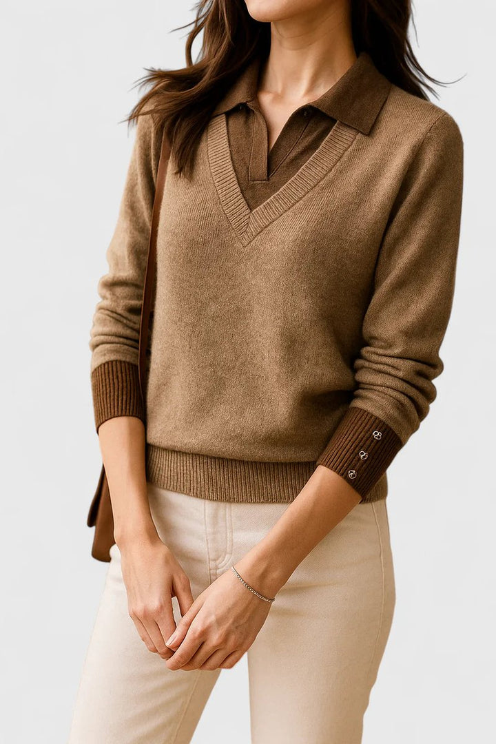 Camila | Damen V-Ausschnitt Polo-Kragen Pullover mit Knopfärmeln