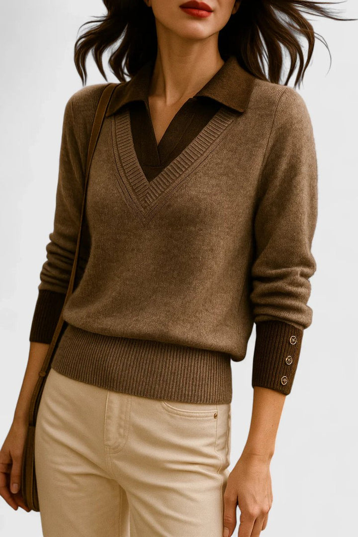 Camila | Damen V-Ausschnitt Polo-Kragen Pullover mit Knopfärmeln
