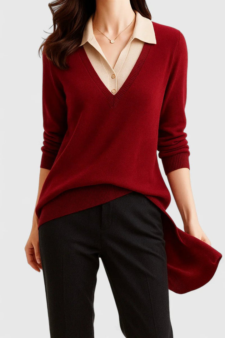 Camila | Damen V-Ausschnitt Polo-Kragen Pullover mit Knopfärmeln
