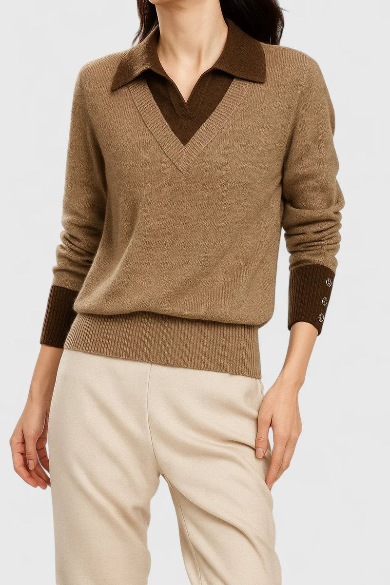 Camila | Damen V-Ausschnitt Polo-Kragen Pullover mit Knopfärmeln