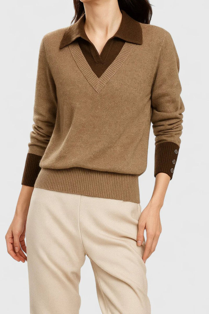 Camila | Damen V-Ausschnitt Polo-Kragen Pullover mit Knopfärmeln