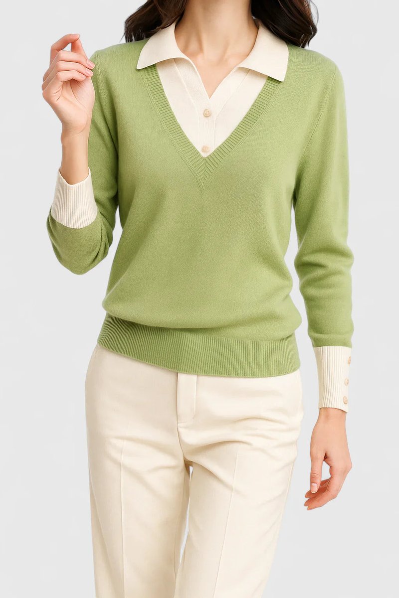 Camila | Damen V-Ausschnitt Polo-Kragen Pullover mit Knopfärmeln