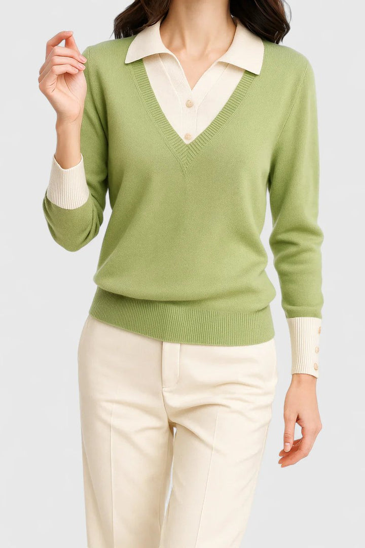 Camila | Damen V-Ausschnitt Polo-Kragen Pullover mit Knopfärmeln