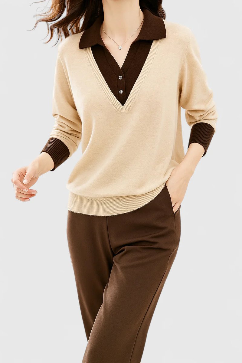 Camila | Damen V-Ausschnitt Polo-Kragen Pullover mit Knopfärmeln