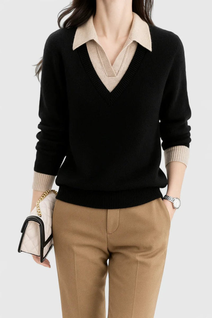 Camila | Damen V-Ausschnitt Polo-Kragen Pullover mit Knopfärmeln