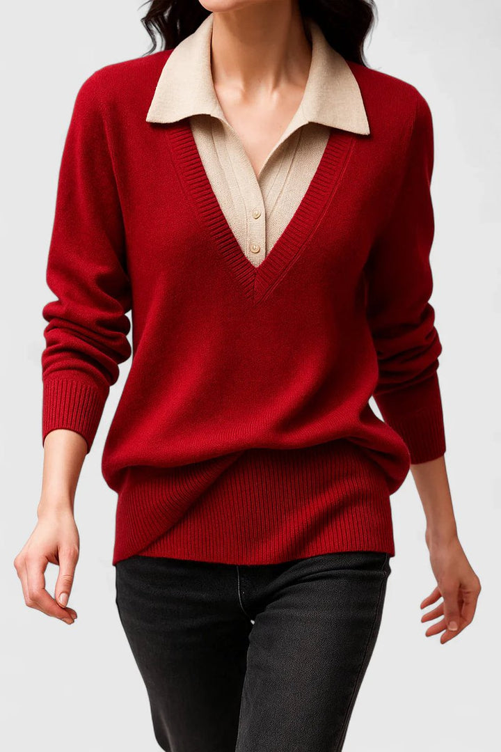 Camila | Damen V-Ausschnitt Polo-Kragen Pullover mit Knopfärmeln