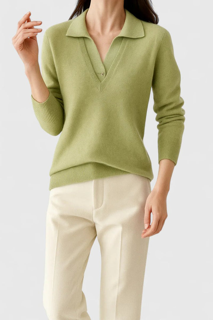 Camila | Damen V-Ausschnitt Polo-Kragen Pullover mit Knopfärmeln