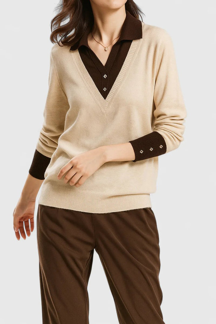 Camila | Damen V-Ausschnitt Polo-Kragen Pullover mit Knopfärmeln