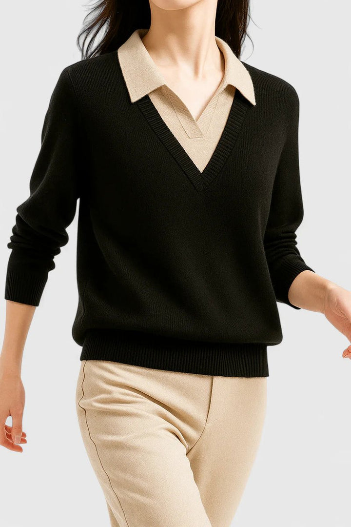 Camila | Damen V-Ausschnitt Polo-Kragen Pullover mit Knopfärmeln