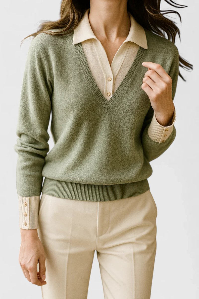 Camila | Damen V-Ausschnitt Polo-Kragen Pullover mit Knopfärmeln