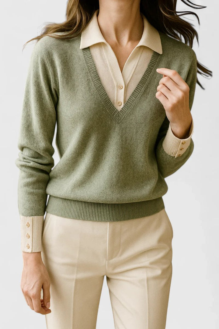 Camila | Damen V-Ausschnitt Polo-Kragen Pullover mit Knopfärmeln