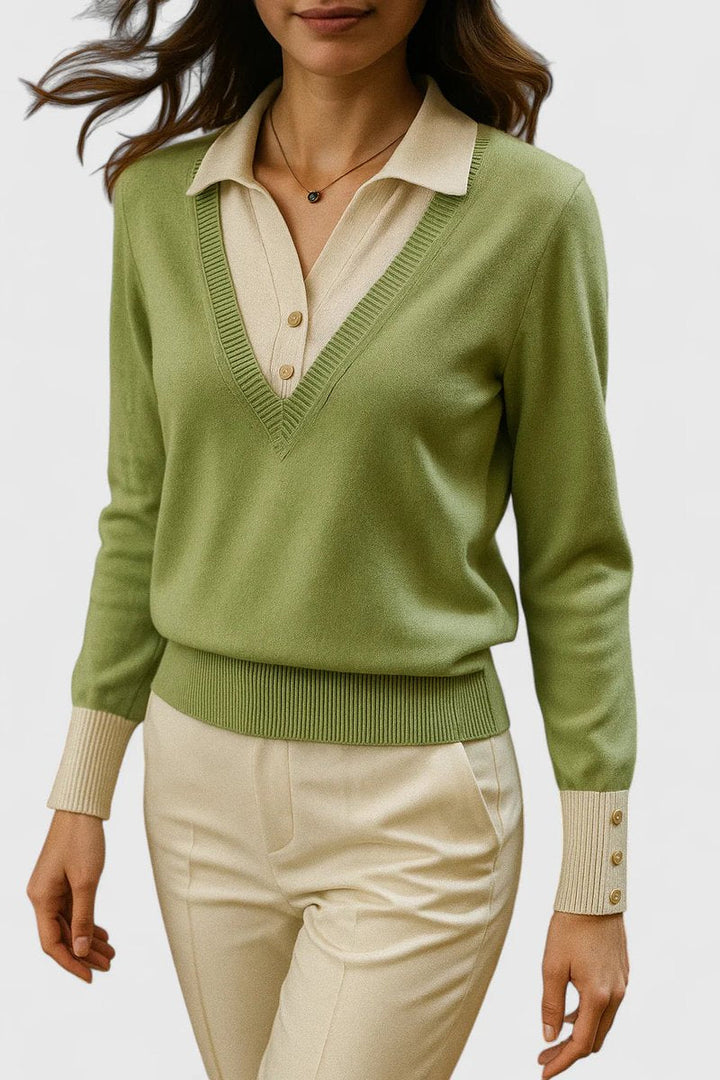 Camila | Damen V-Ausschnitt Polo-Kragen Pullover mit Knopfärmeln