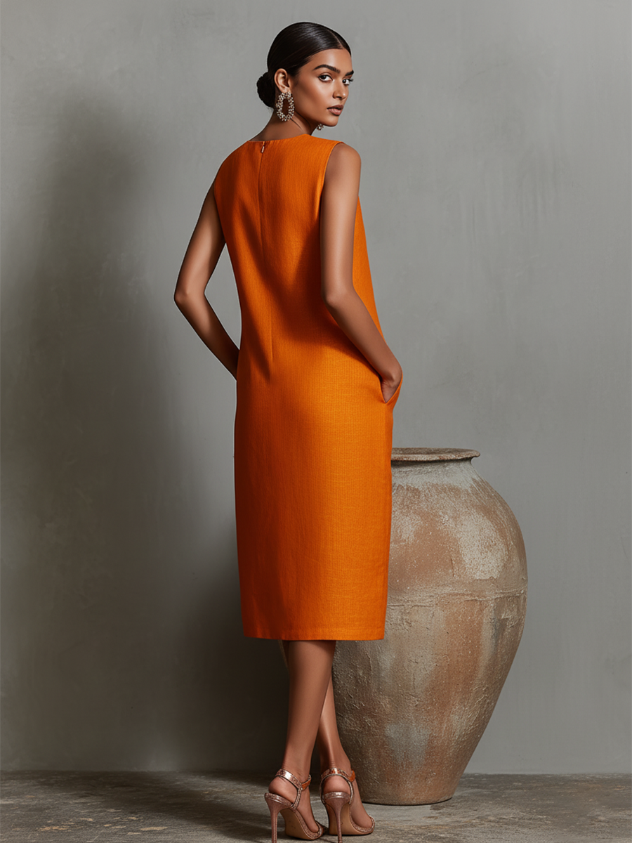 Orangefarbenes Etuikleid für Damen mit ärmellosem Rundhalsausschnitt und Seitentaschen, zeitlos minimalistisch-eleganter Stil