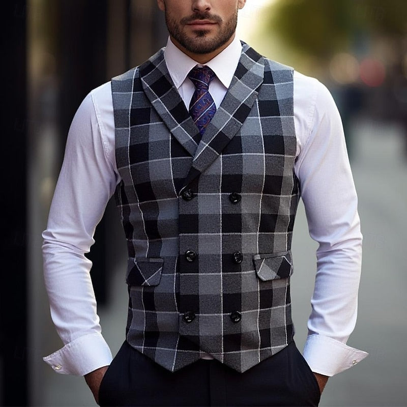 James | Herren Karo-Weste mit Knöpfen und Taschen